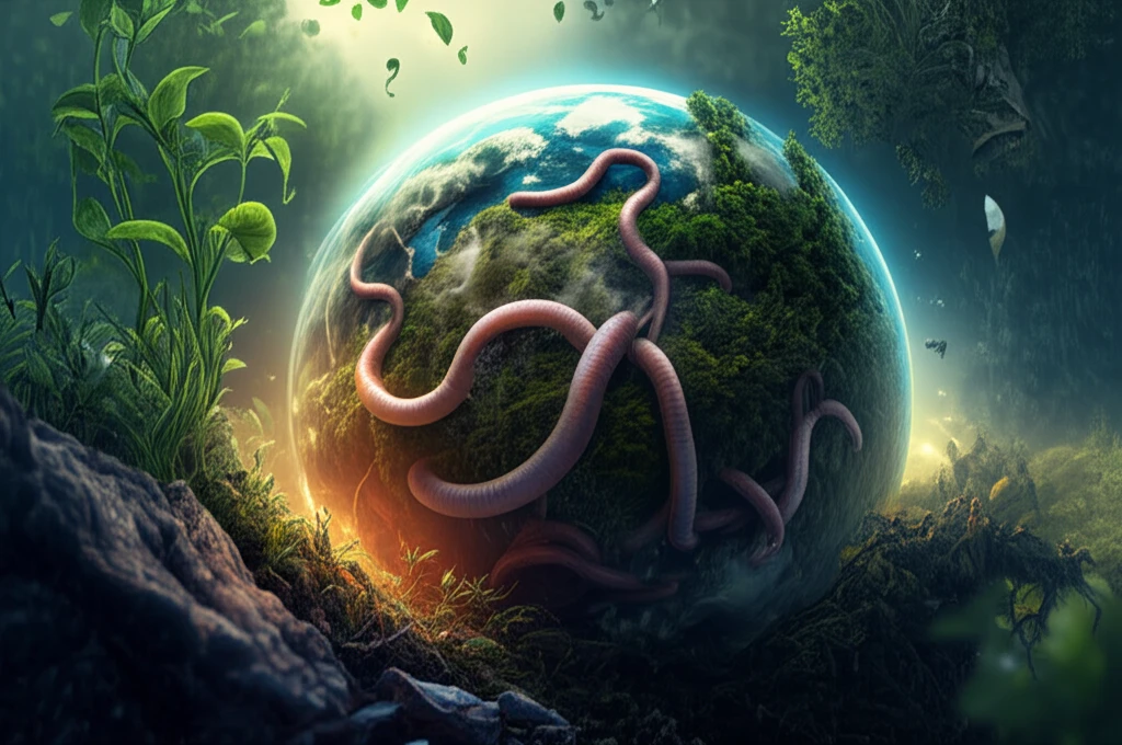 Earthworms transforming waste into lush compost, symbolizing sustainable agriculture.