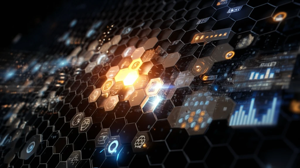 Honeycomb filled with glowing customer reviews and abstract data visualizations.