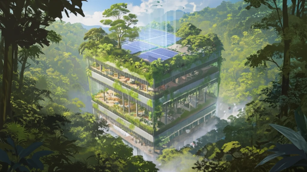 Happy employees in a green office building, symbolizing sustainability and energy efficiency.