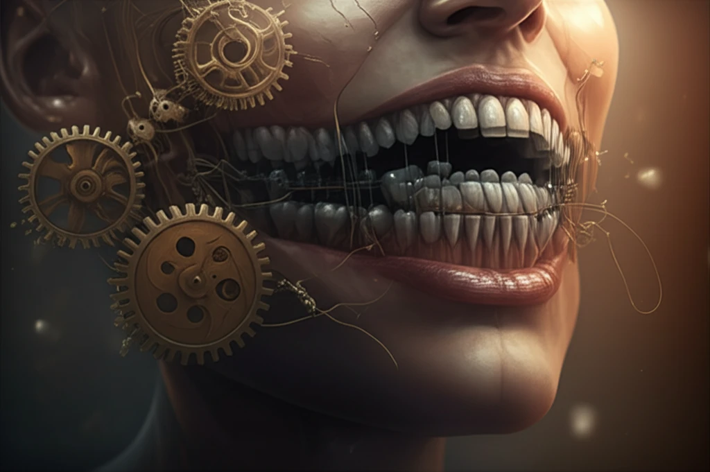 Digital illustration showing gears around the jaw area, representing the complex relationship between Class II Division 2 malocclusion and temporomandibular disorders (TMD).