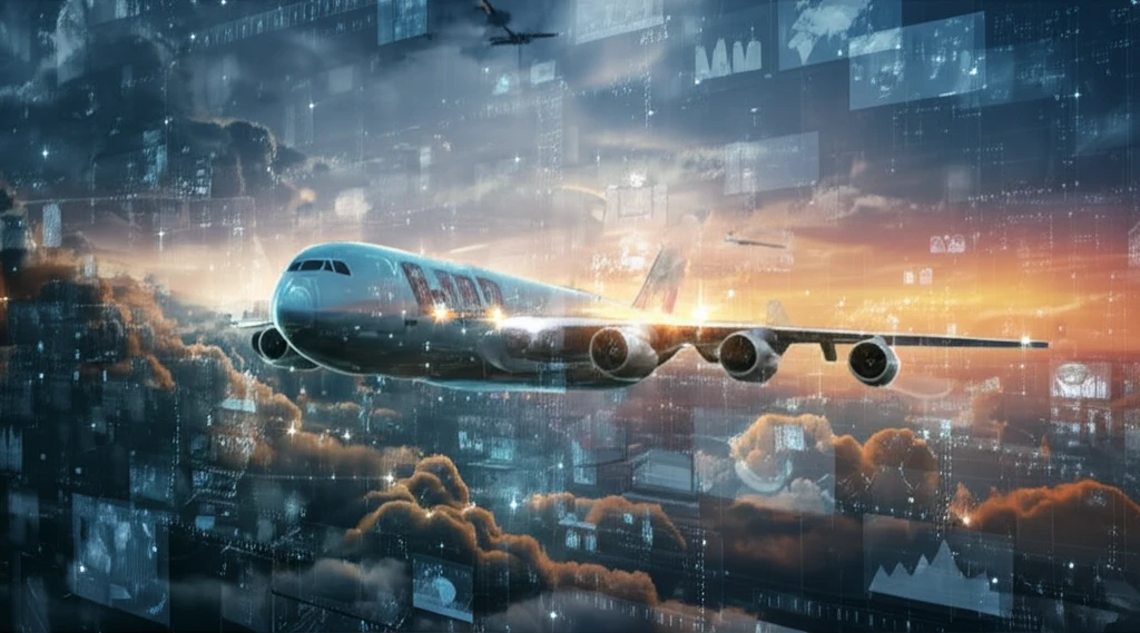 Futuristic aircraft soaring through a data-filled sky, symbolizing safety and innovation through virtual testing.