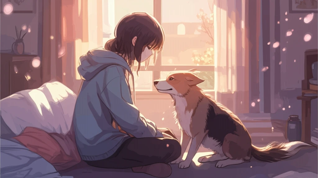 A young person gently pets a therapy dog in a sunlit room, fostering a sense of calm and connection.