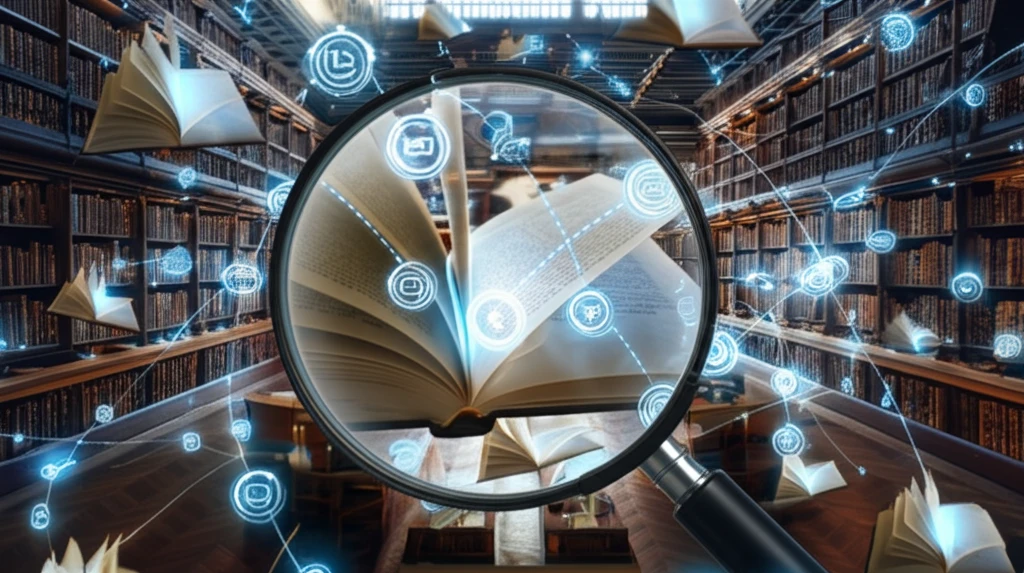 Surreal illustration of a library with floating books, symbolizing author impact and research connections.