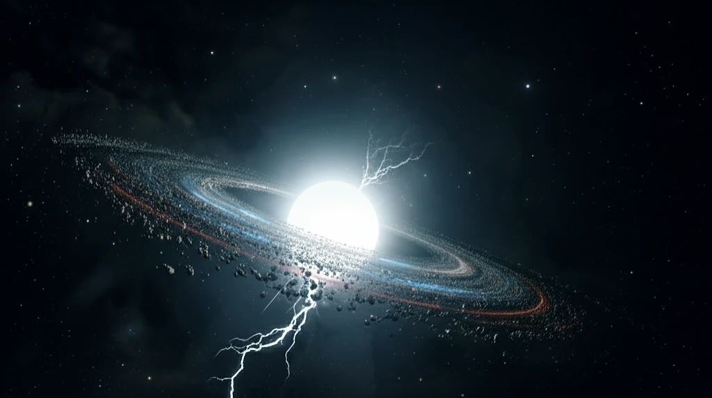 Surreal illustration of a white dwarf star with a fragmented planetary disc, highlighting spectral lines.