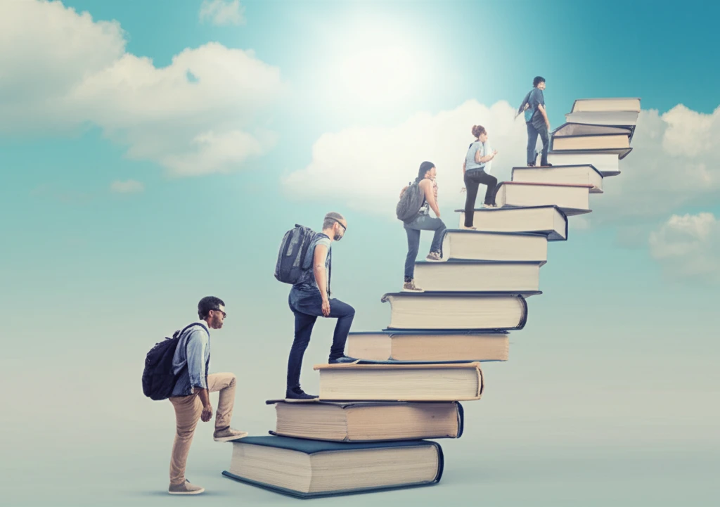 A diverse group climbs a staircase of books towards a hopeful future in socio-educational fields.