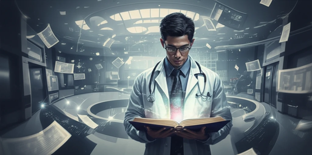 Doctor intently studying a glowing book, representing constant medical knowledge