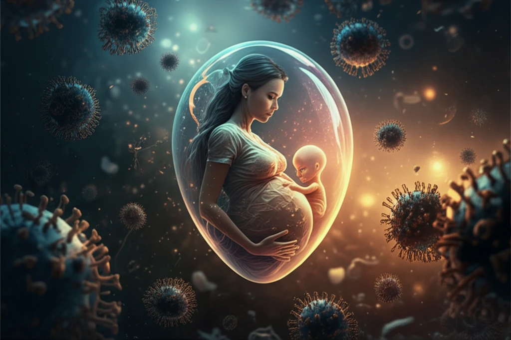 A surreal illustration symbolizing protection from viruses during pregnancy.