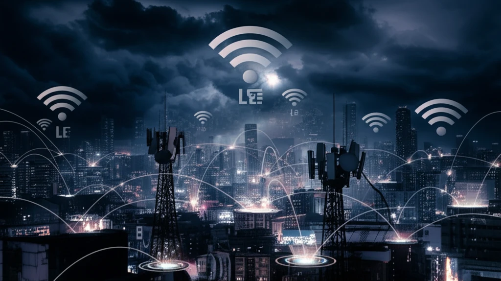 Harmonious coexistence of Wi-Fi and LTE signals in a futuristic cityscape.