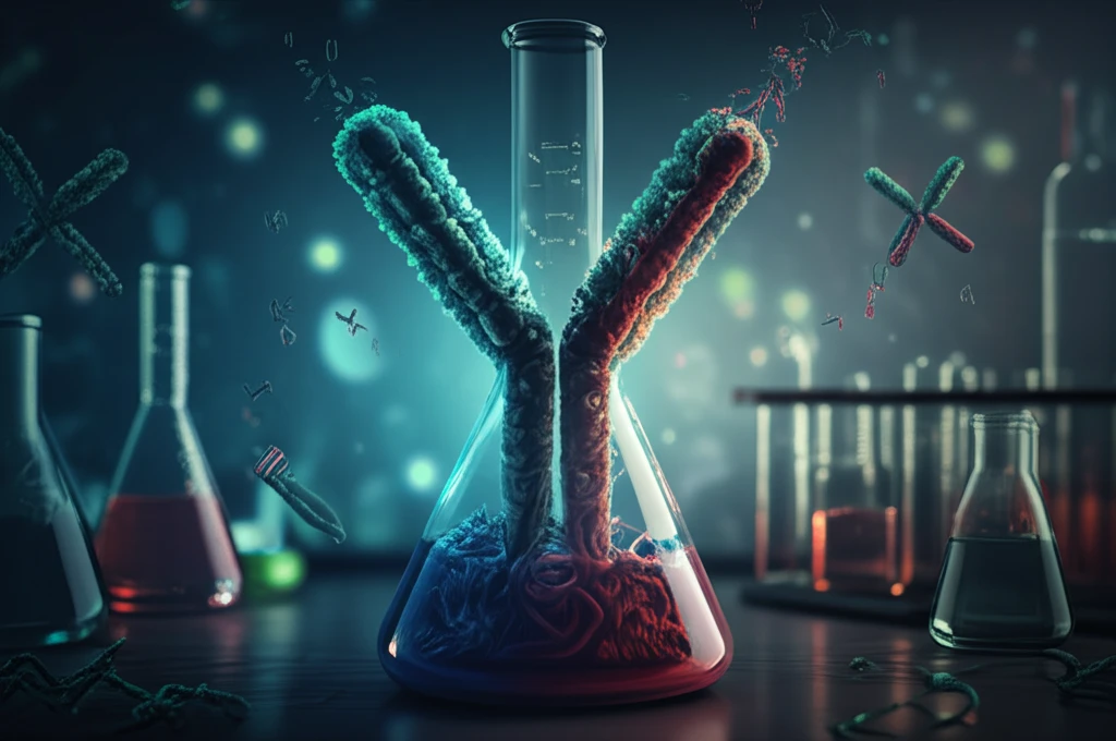 Conceptual illustration of laboratory glassware transforming into stylized antibodies, symbolizing the evolution of biopharmaceutical safety testing.