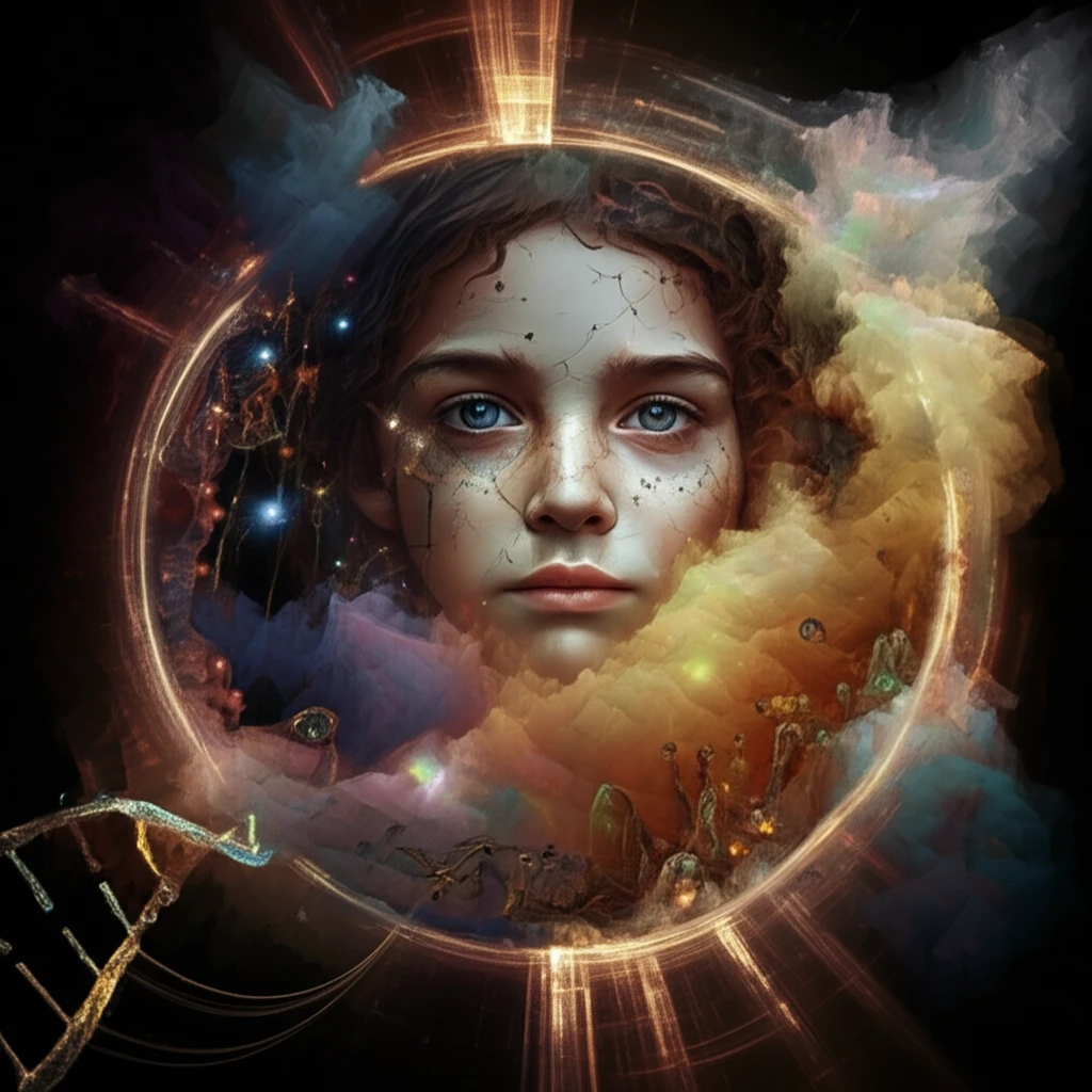 Surreal illustration of a child with genetic code and neural pathways, symbolizing hope for childhood catatonia.