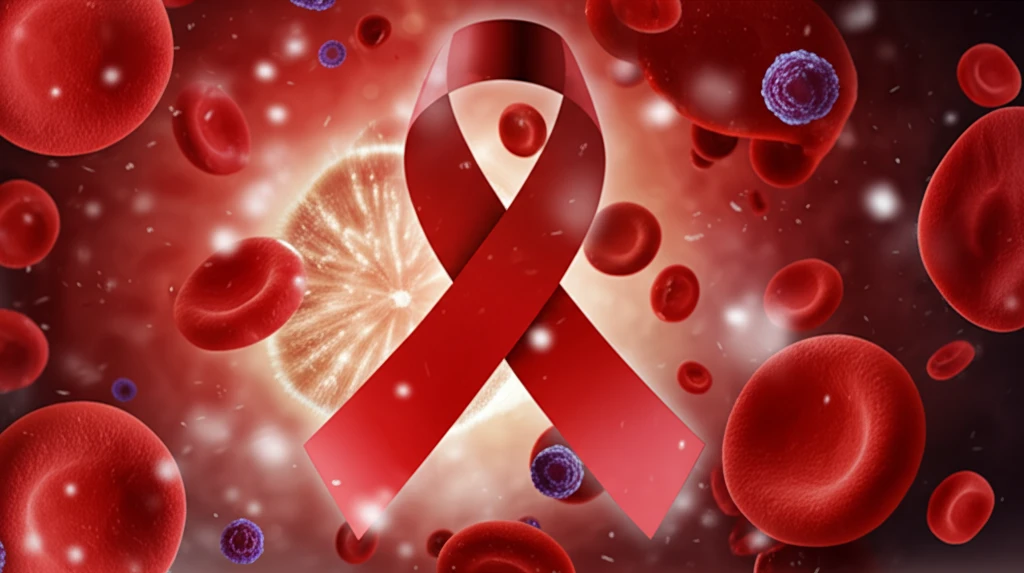 Surreal image of blood cells floating through a breast cancer ribbon.