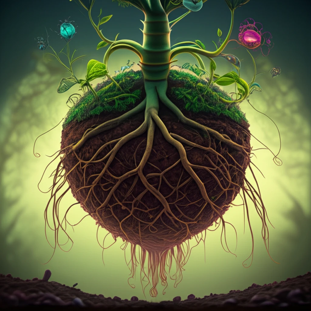 Plant roots intertwined with glowing bacteria, symbolizing sustainable agriculture