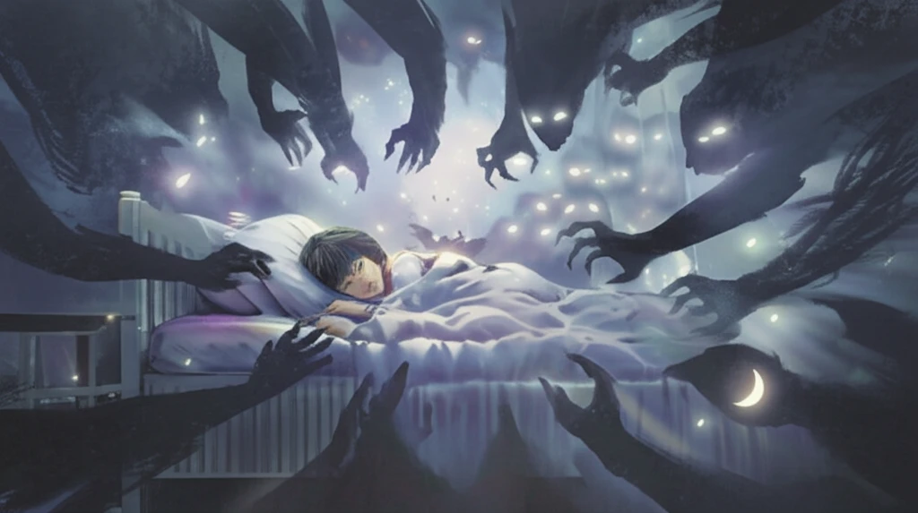 Surreal illustration of a child's dream state with shadowy figures, symbolizing childhood RBD.