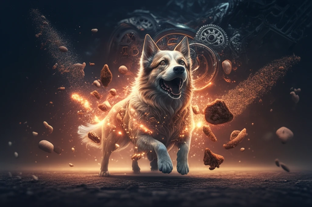A dog surrounded by floating food particles and digestion symbols.