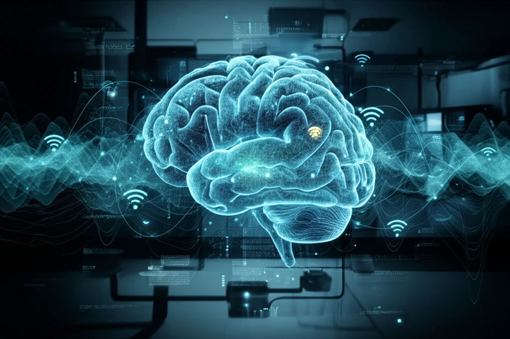 Digital illustration of a brain with wireless sensor networks, symbolizing wireless intracranial pressure monitoring.