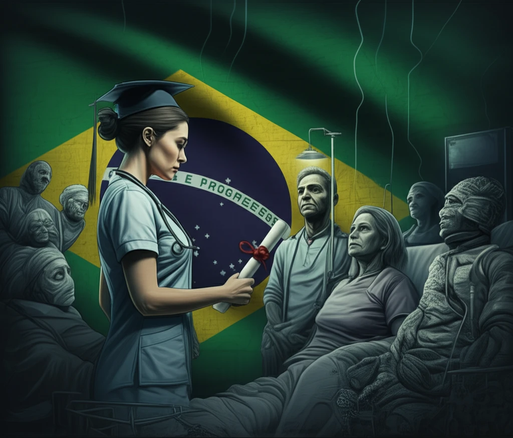 A nurse in a graduation cap caring for patients, symbolizing nursing education and the Brazilian healthcare system.
