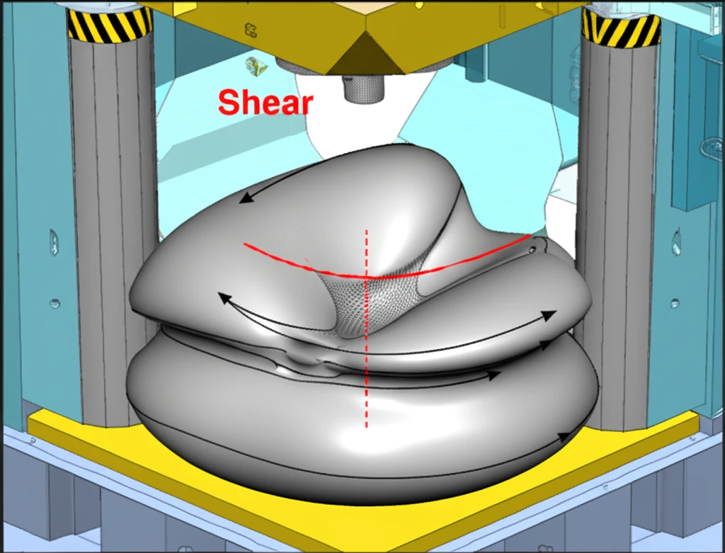 Material sample deforming under compression test, highlighting shear effect with wireframe overlay.