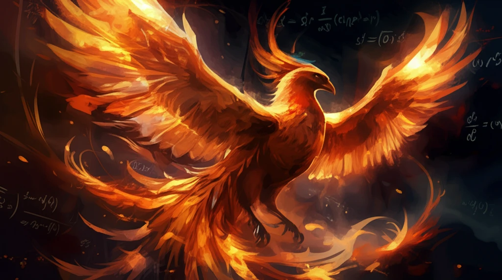 Phoenix rising from flames, symbolizing burn recovery and energy calculation.