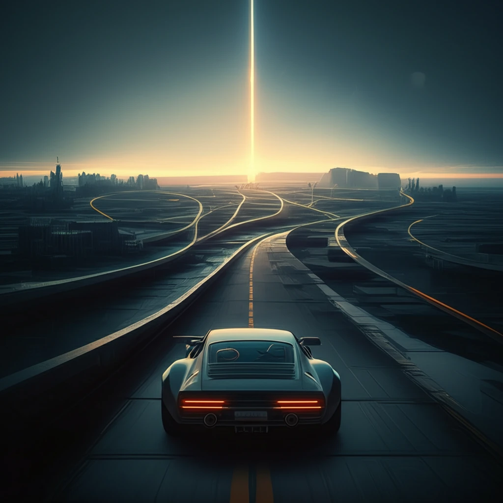 Futuristic car driving on a road dynamically reconstructed by AI.