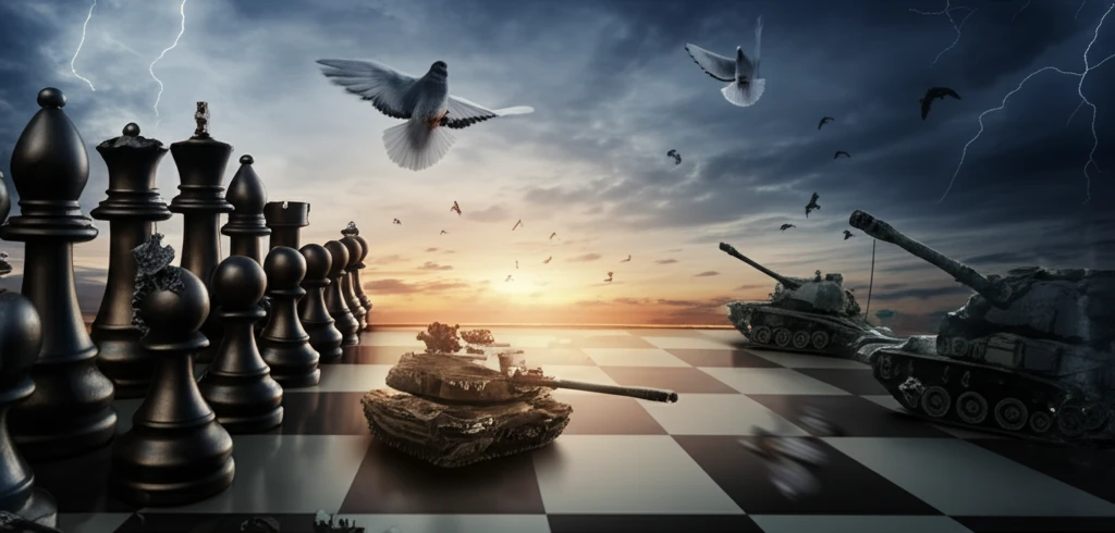 A symbolic image representing the philosophical debate between conflict and peace, inspired by Hobbes and Locke.