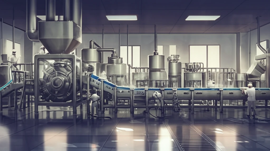 A surreal illustration representing the meticulous cleaning of gleaming food processing equipment.