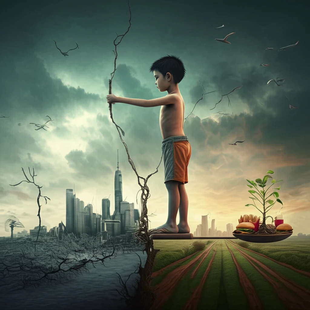 A surreal illustration symbolizing the balance between overnutrition and undernutrition in children.