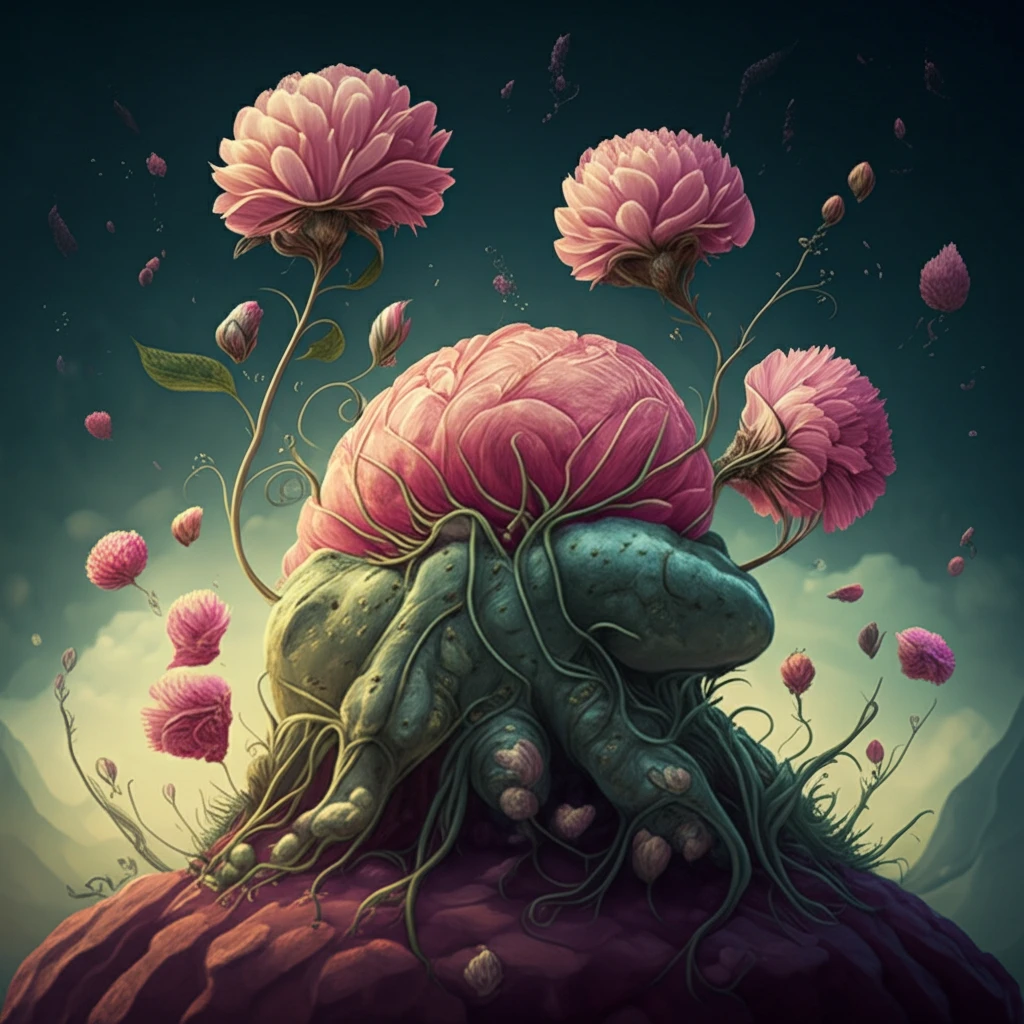 Melanoma cells transforming into flowers, symbolizing healing and shorter immunotherapy treatments.