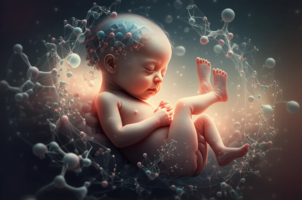 Surreal illustration of a newborn surrounded by glowing molecules, symbolizing the cord blood test's ability to detect brain health markers.