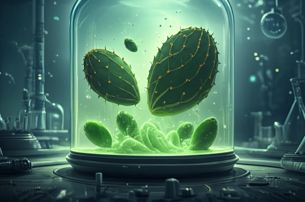 Opuntia monacantha cactus pads floating in a liquid, symbolizing mucilage extraction.
