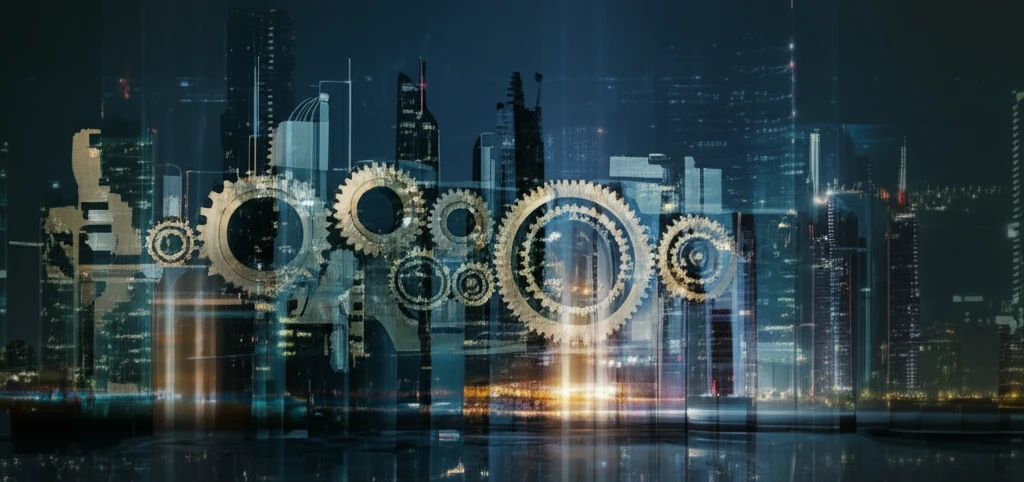 Interconnected gears form cityscape illustrating public and private sectors.