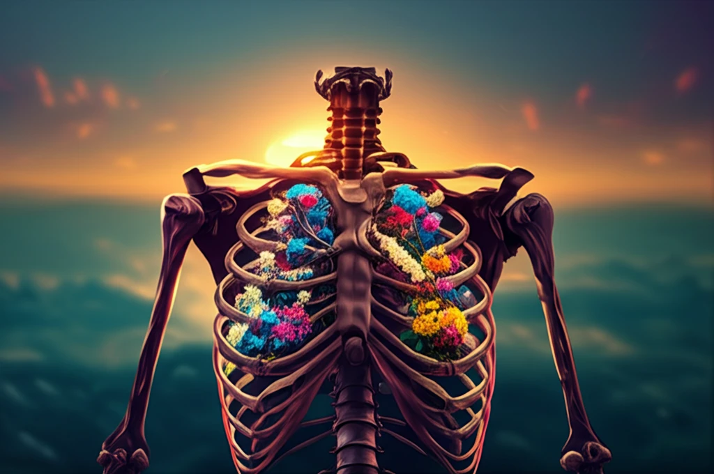 Healthy lungs blooming with flowers inside a ribcage, symbolizing renewal after lung transplantation.