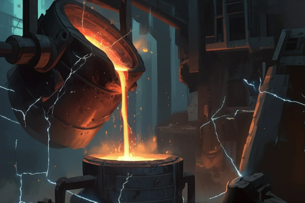 Molten metal being poured into a mold with electric currents.