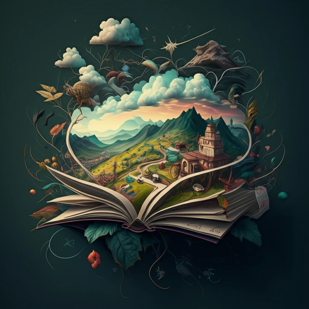 A surreal landscape emerging from a map, representing alternative perspectives.