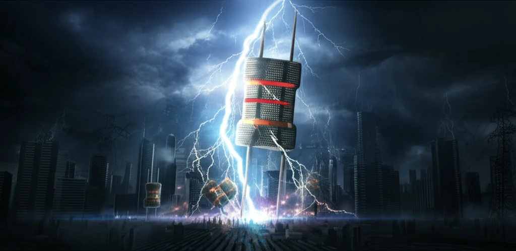 City skyline protected by tungsten oxide varistors during an electrical storm.