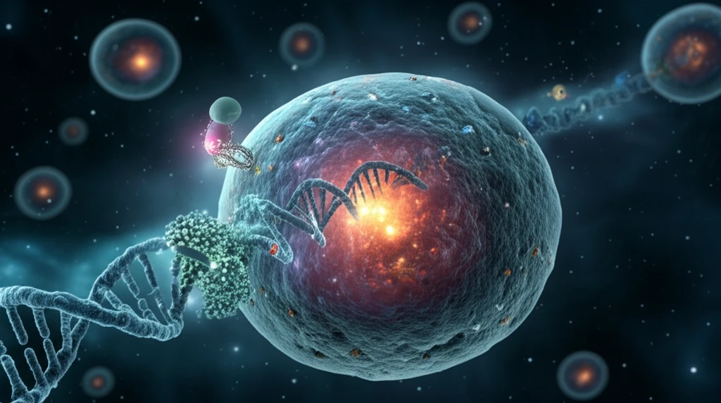 Surreal illustration of gene activation process within a cell nucleus.