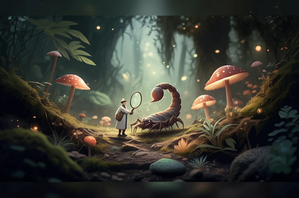 Illustration of a scientist examining a newly discovered pseudoscorpion in a bioluminescent forest.
