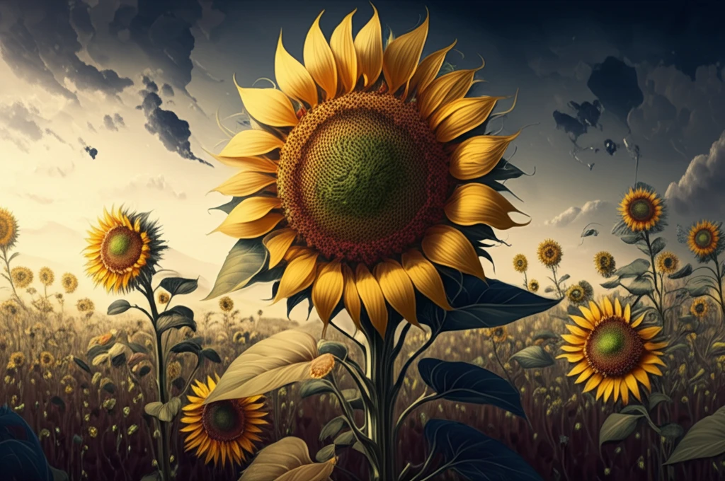 Sunflower field with biofuel emerging, symbolizing sustainable energy.