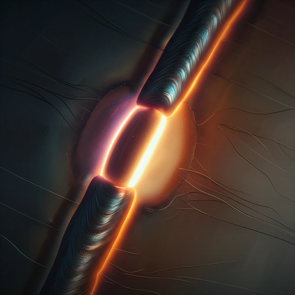 Surreal illustration of heat radiating from a weld point in S355 steel, depicting structural changes.