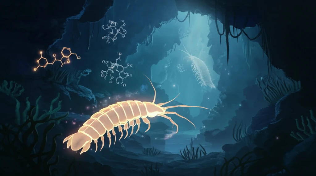 Surreal illustration of remipedes in a bioluminescent cave.