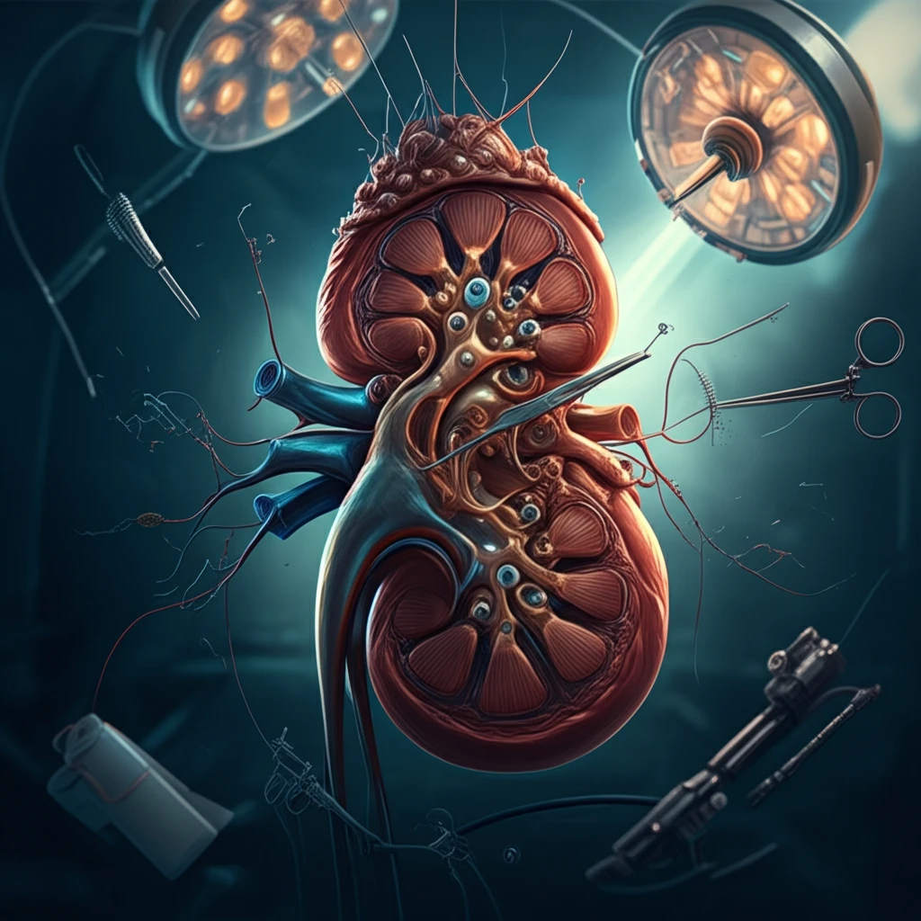 Surreal illustration of kidney surgery with glowing vascular networks and surgical instruments.