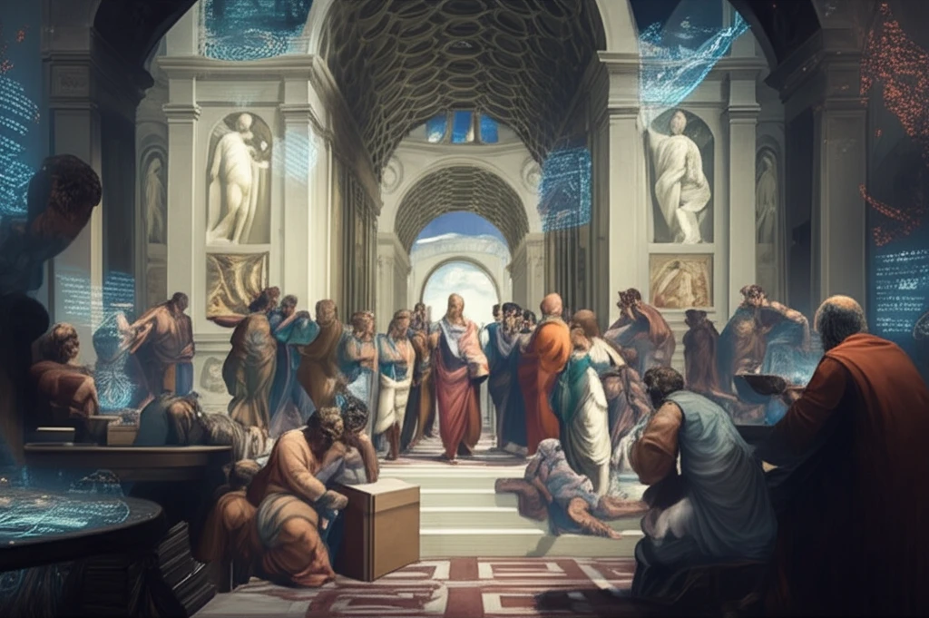 Ancient Greek philosophers discussing literature in a modern coffee shop.