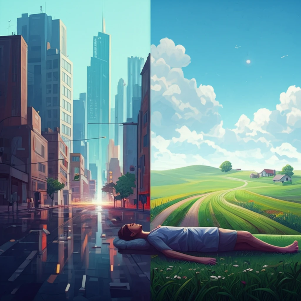 A split image showcasing the contrast between a vibrant cityscape and a peaceful countryside, with a person sleeping soundly in the middle.