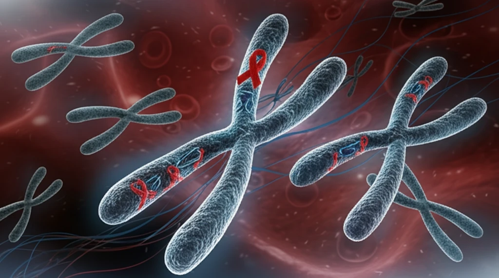 Chromosomes entangled with DNA ribbons, representing genetic rearrangements in blood cancer.