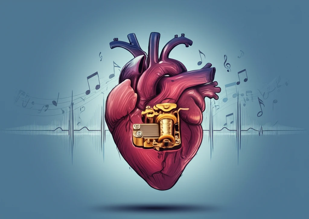 Stylized heart with a music box inside, representing heart rhythm and health.
