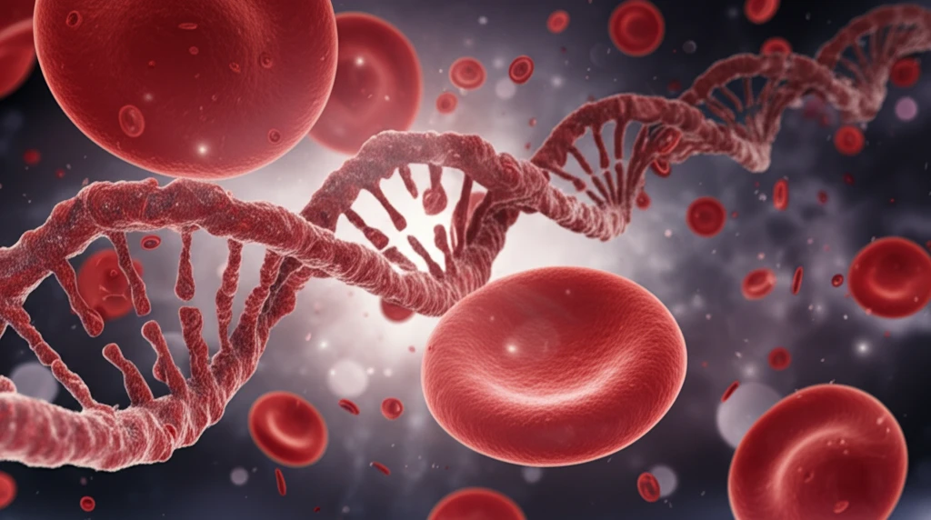 Surreal illustration of blood cells and DNA strands, symbolizing May-Hegglin Anomaly.