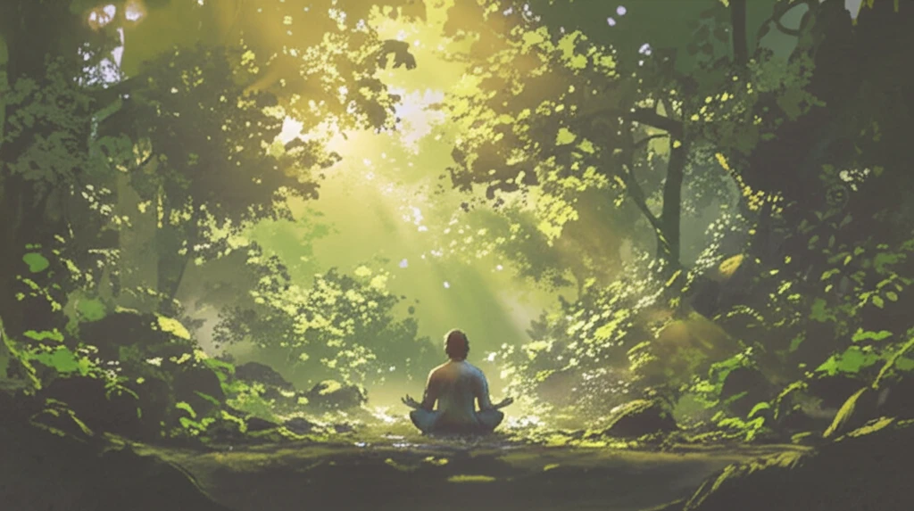 Person meditating peacefully in a sun-drenched forest, representing the calming benefits of nature.