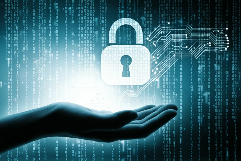 Futuristic palmprint recognition with light emitting from the palm and binary code background.