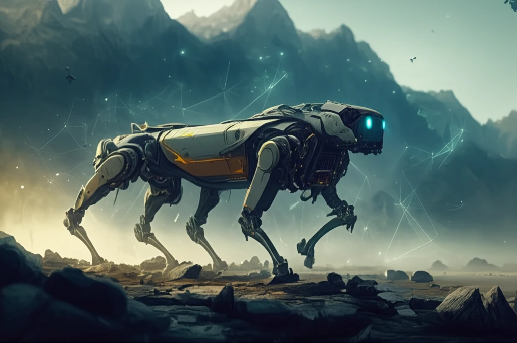 Quadruped robot moving across a rocky landscape, with glowing lines symbolizing mutual information.