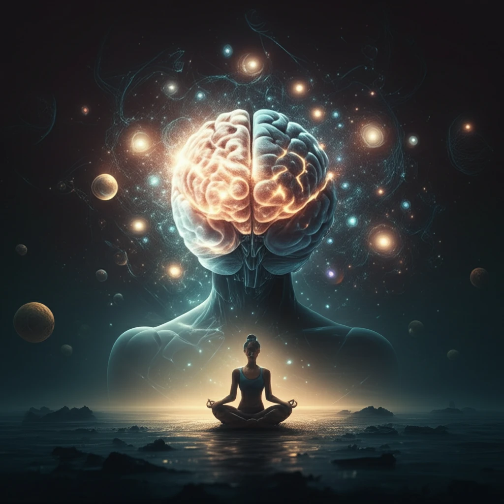 Brain surrounded by glowing orbs with a woman meditating in the background.