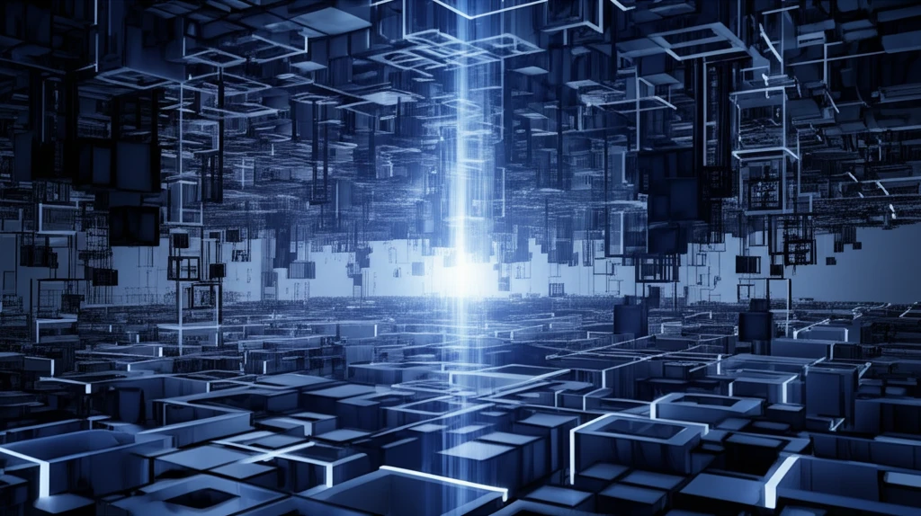 Abstract landscape of interconnected cubes with diverging glowing pathways.